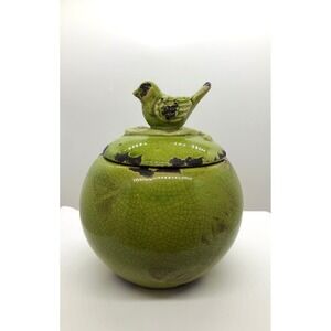 Green Crackle Glaze Ceramic Bird Finial Lidded Jar Distressed Rustic Decor 7.75"